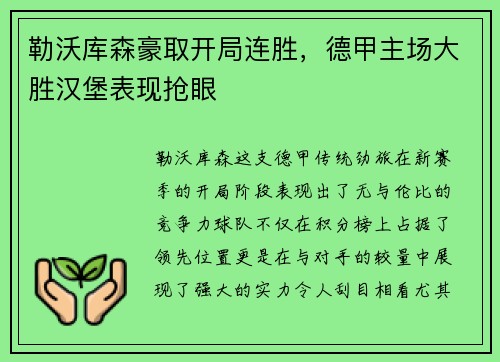 勒沃库森豪取开局连胜，德甲主场大胜汉堡表现抢眼